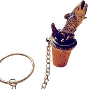 Ganz vintage wine bottle cork stopper,with chain and ring, detailed pewter fish